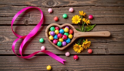 Colorful Candies in Heart-Shaped Wooden Bowl Surrounded by Flowers and Ribbons on Rustic Wooden Table