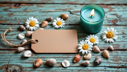 Sea Shells, Candles, Flowers and Tag on Rustic Wooden Background for Coastal or Beach Themed Decoration