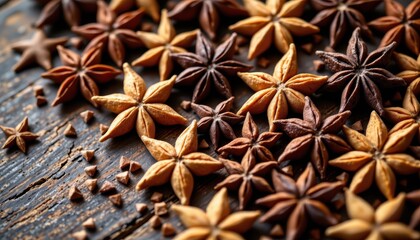 Star anise whole and broken on rustic wood background with warm tones and textured surface close-up