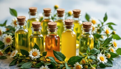Natural Essential Oils in Glass Bottles Surrounded by Fresh Greenery and Yellow Chamomile Flowers