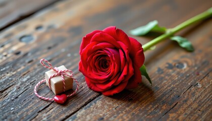 Romantic rose flower with gift box and heart on rustic wooden background for love and celebration concepts