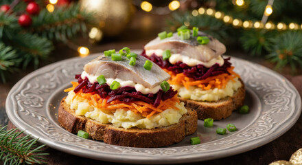 Rye bread sandwiches with herring, beetroot and mayonnaise on a grey plate
