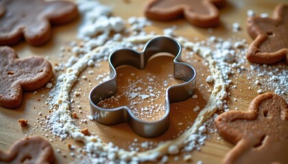 Gingerbread Cookie Cutter Surrounded by Dough and Sugar on Wooden Surface for Holiday Baking Celebration