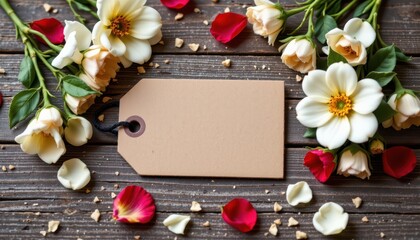 Blank Tag Surrounded by Beautiful White and Red Flowers on Rustic Wooden Surface