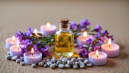 Tranquil Aromatherapy Scene with Essential Oil Bottle Surrounded by Candles and Fresh Lavender Flowers