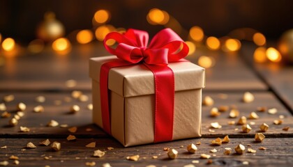 Beautifully Wrapped Gift Box with Red Ribbon on Rustic Wooden Table Surrounded by Lights and Decorations