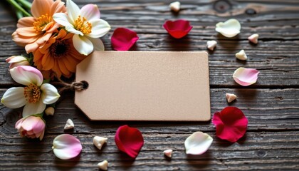 Blank Tag Surrounded by Fresh Flowers and Petals on Rustic Wooden Background for Creative Projects