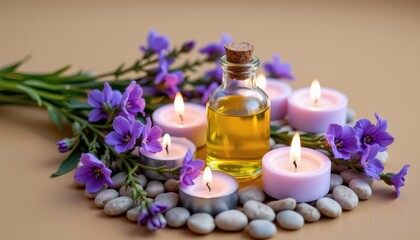 Aromatherapy Setup with Essential Oil Bottle, Candles, Flowers and Stones for Relaxation and Wellness