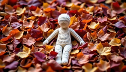 Crochet Doll Surrounded by Vibrant Autumn Leaves in a Colorful Outdoor Setting for Seasonal Decor