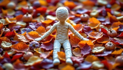 Handmade figure amidst autumn leaves and small pumpkins, capturing the essence of seasonal change and creativity
