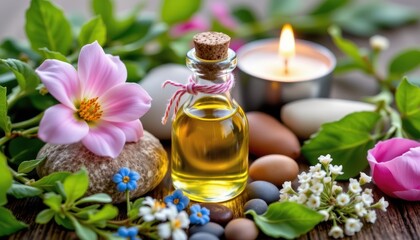 Serene Aromatherapy Scene with Essential Oil Bottle, Colorful Flowers, Stones, and Soft Candle Glow