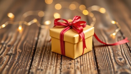 Golden Gift Box with Red Ribbon on Wooden Table Surrounded by Soft Bokeh Lights for Holiday Celebrations