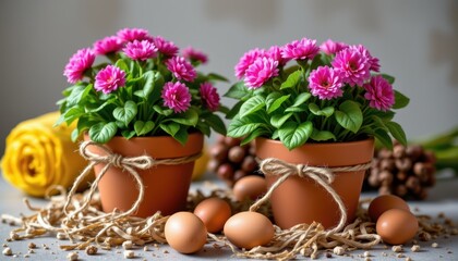 Beautiful Pink Flowers in Pots with Natural Elements for Spring and Easter Decoration Inspiration
