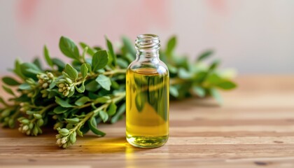 Glass bottle of organic golden oil beside fresh green leaves on wooden table background