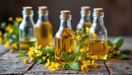 Glass bottles of aromatic oil with flowers and leaves on rustic wooden surface in natural light