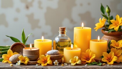 Bright Yellow Candles and Flowers Create a Warm and Calming Atmosphere for Relaxation and Wellness