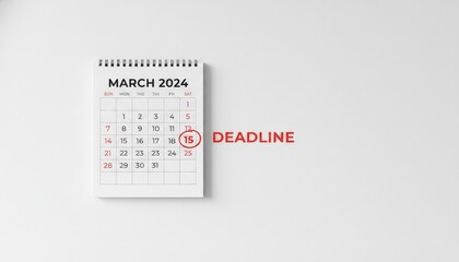 Calendar showing march 15 highlighted as a critical deadline, featuring the word deadline in red, representing important financial obligations, tax filing, or a significant schedule date