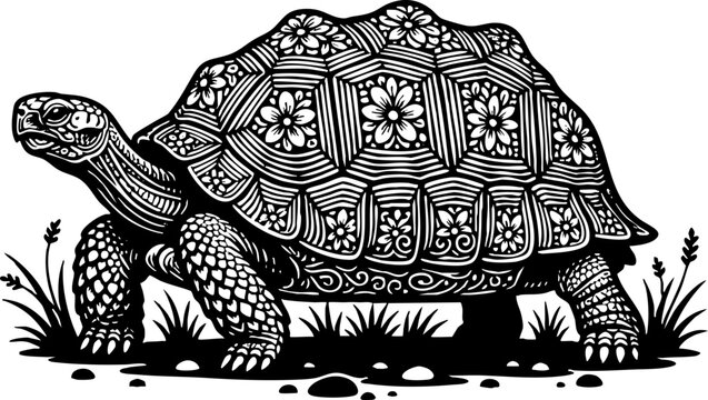 Detailed Drawing of Tortoise with Floral Pattern Shell
