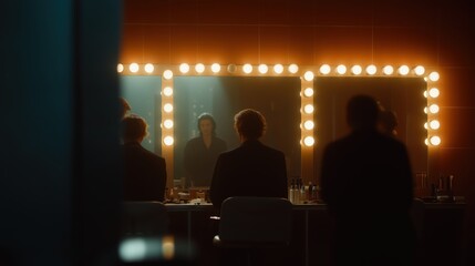 Man in a dark dressing room contemplating his reflection in a brightly lit mirror, preparing backstage for a performance, reflecting on identity and a new role