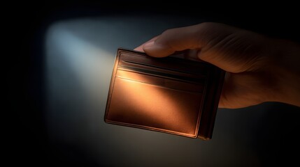 A hand holding a wallet with a light shining on it