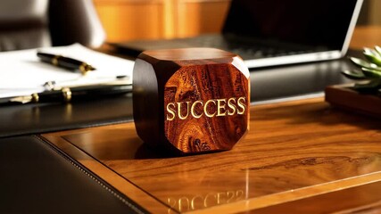 SUCCESS wooden cube resting on corporate desk