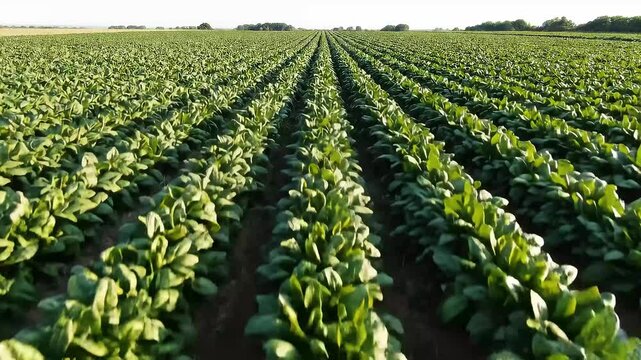 Aerial View of Lush Green Spinach Field, Aerial view of a lush green spinach field with rows of plants