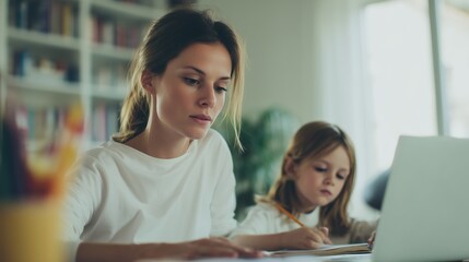 Mother focusing on her laptop while working remotely from home, with her young daughter sitting beside her, drawing in a notebook, both engaging in simultaneous tasks