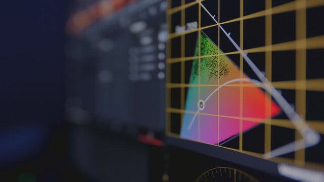 Color correction monitor. Angled of gamma scope monitor displaying Rec 709 color space. Chrominance data trace shifts inside gamut triangle during a professional post production workflow on software.