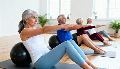 Senior group exercising with stability balls during guided fitness pilates session for active and healthy aging.