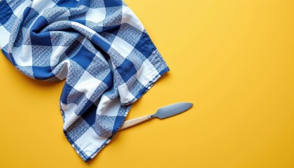 Blue and White Checkered Dish Towel with Knife on Bright Yellow Kitchen Background