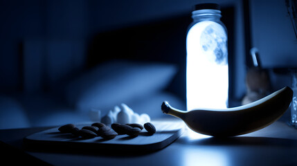 nightstand. A few almonds and a banana on a nightstand in cool blue moonlight. menu design, packaging mockups, designed for culinary blogs and recipe cards for restaurants, used by sports marketers.