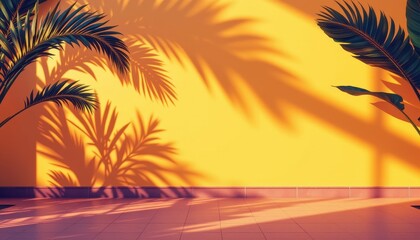 Tropical Palm Leaves Casting Shadows on Vibrant Yellow Wall in Warm Sunlight Setting
