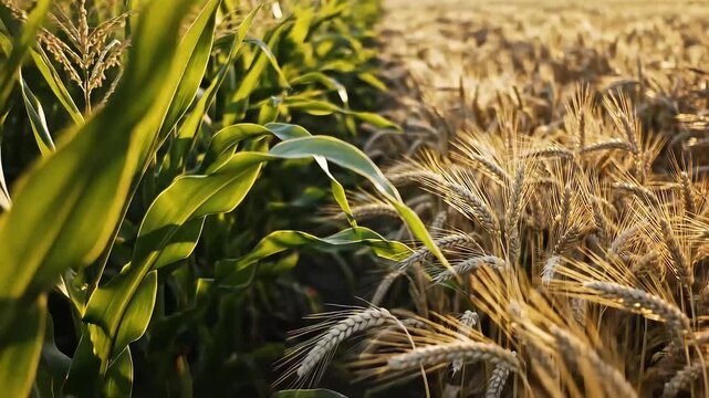 Wheat Corn rows close-up soft wind motion detailed leaves background