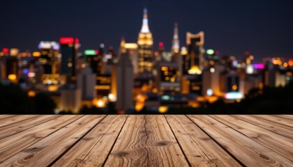 Scenic City Skyline at Night with Blurred Buildings and Wood Table in Foreground for a Cozy Atmosphere