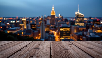 Stunning City Skyline at Dusk with Wooden Table in Foreground and Bright Lights of Urban Landscape