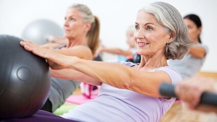 Active senior woman practicing pilates with stability ball during group fitness class for healthy aging.