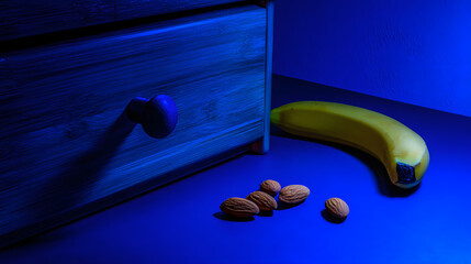 nightstand. A few almonds and a banana on a nightstand in cool blue moonlight. menu design, packaging mockups, designed for culinary blogs and recipe cards for restaurants, used by sports marketers.