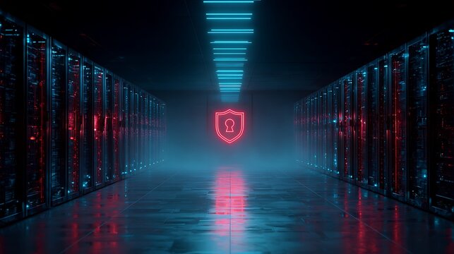 A neon-lit server room with a glowing shield icon, symbolizing network security - Powered by Adobe