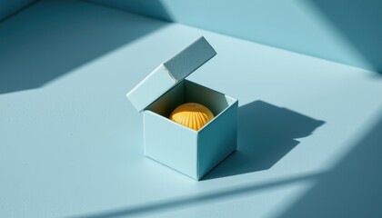 Bright Yellow Item Inside Open Blue Box with Soft Shadow on Light Blue Background