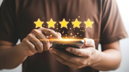Customer giving a 5-star rating on a mobile phone with glowing stars and bokeh effect