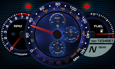 High performance vehicle dashboard with analog and digital gauges.
Sporty interface showing real-time telemetry and warning indicators.