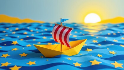 Colorful Paper Boat Sails Through Wavy Ocean Waves Against Sunny Background with Stars and Horizon