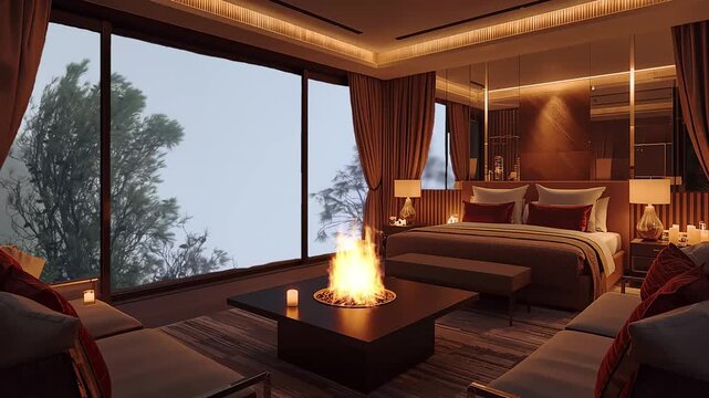 4k modern luxury living room with glass window virtual cozy lo-fi backgrounds fireplace and beautiful rain forest view for stream overlay, smooth jazz, meditation, rainfall or snowfall or white noise 