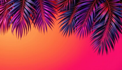 Vibrant Tropical Leaves on Colorful Gradient Background with Shades of Purple, Pink, and Orange Hues