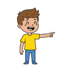 Fototapeta premium Happy Boy Pointing Finger, Excited Child, Cheerful Kid, Cartoon Character, Isolated on White