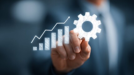 A person points to a graphic showing increasing progress with a gear