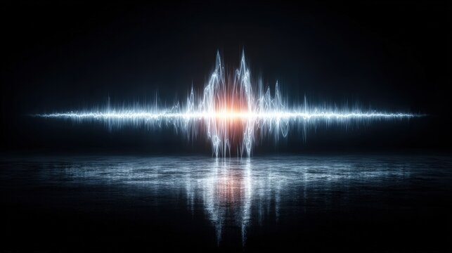 A glowing blue and orange sound wave graphic on a dark background with reflection