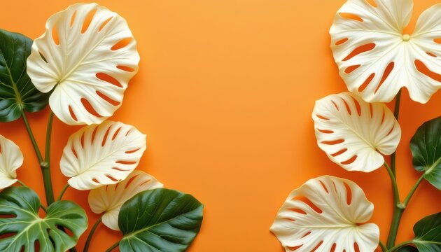 Tropical Monstera Leaves on Bright Orange Background Create Vibrant and Fresh Atmosphere for Any Project - Powered by Adobe