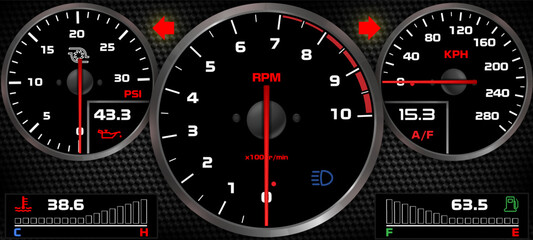 Sport vehicle dashboard with boost, RPM, and speed gauges.
Real time telemetry interface with carbon texture and warning indicators.