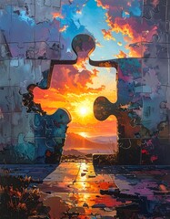 Puzzle Piece Sunset - A Vision of Connection and Hope.